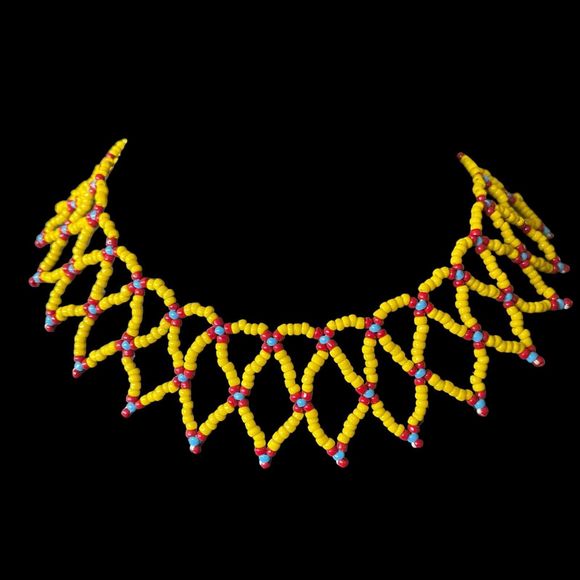 Vintage Yellow Blue Red Handmade Seed Bead Tribal Bib Collar Choker Necklace - Picture 2 of 6